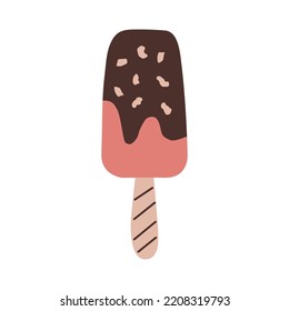 Pink and brown ice cream popsicle on a stick with chocolate and huts. Cute vector illustration in flat hand drawn style isolated on a white background