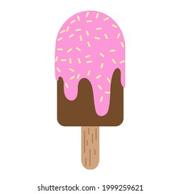 Pink and brown ice cream, vector illustration in flat style. Chocolate ice cream on stick. Summer dessert. Positive print for textile, web, cards, design and decor. Fruit or berry ice cream bar. 