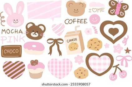 Pink and brown illustrations of chocolate bar, cookie, coffee, donut, cupcake, teddy bear, bunny, milk for sweet dessert, grocery shopping, Chocolate's Day, snack, baking, menu, recipe, animals, zoo