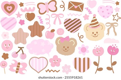 Pink and brown illustrations of teddy bear, party hat, butterfly, love letter, heart, ribbon, tulip flowers, stars, cherry for sweet dessert, Chocolate's Day, animals, zoo, souvenir shop, Valentine's