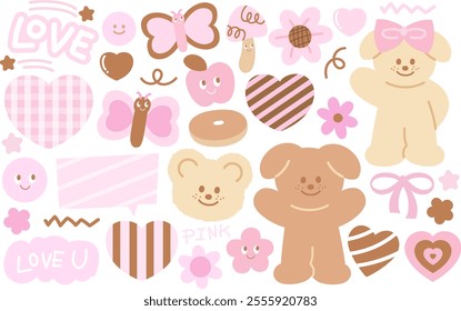 Pink and brown illustrations of teddy bear, puppy, butterfly, donut, LOVE letters, heart, ribbon, flowers, apple for sweet dessert, Chocolate's Day, animals, zoo, souvenir shop, Valentine, cartoon