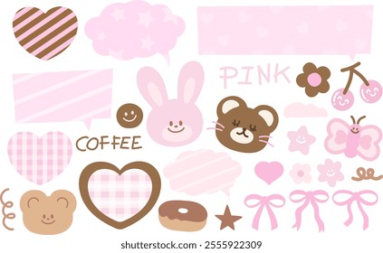 Pink and brown illustrations of teddy bear, bunny, heart, donut, text bubbles, butterfly, flowers, ribbon for sweet dessert, Chocolate's Day, animals, zoo, souvenir shop, Valentine, cartoon, comic