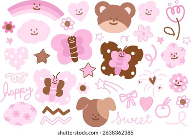 Pink and brown illustrations of teddy bear, butterfly, puppy, flowers, heart, cherry, ribbon, rainbow, cloud, star for cartoon character, sticker, animals, nature, garden, girly stickers, patch, icons