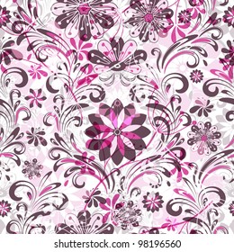 Pink and brown seamless pattern with transparent flowers (vector EPS 10)