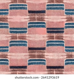 Pink and brown stripes with blue accents, small geometric blocks,  Plaid seamless pattern, Vector illustration background for print the paper.