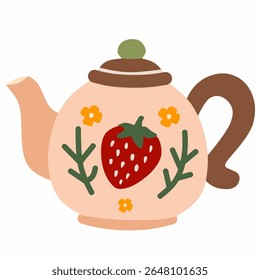 bule rosa e marrom com decorações de morango e floral. Estilo doce e encantador, perfeito para temas de primavera ou verão.