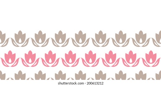 Pink and brown tulips stripes horizontal seamless pattern background