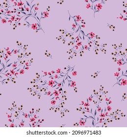 pink and brown vector small flowers with grey leaves bunches pattern on violet background