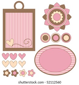 Pink and brown vector tags, flowers and hearts