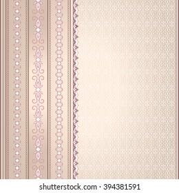 Pink brown vintage seamless border on a beige background. Element for design and place for your text. Ornamental backdrop.  Ornate floral decor for wallpaper. Traditional decor on beige background.