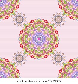 Pink, brown and violet seamless pattern good for greeting card for birthday, invitation or banner. Medieval royal pattern. Decorative symmetry arabesque. Vector illustration.