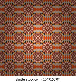 Pink, brown and yellow texture with Swirls, Mandalas, Doodle Flowers and Leaves, Deco Elements. Vector colored seamless pattern with Mandalas and floral ornament.