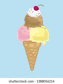 pink brown and yellow vanilla chocolate strawberry ice cream sundae with sprinkles and crem cherry in waffle cone isolated on blue background