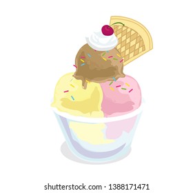 pink brown and yellow vanilla chocolate strawberry ice cream sundae with sprinkles cream waflle and cherry isolated on white background