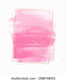Pink brush paint creative background with golden frame and golden dust over. Isolated. Vector banner.