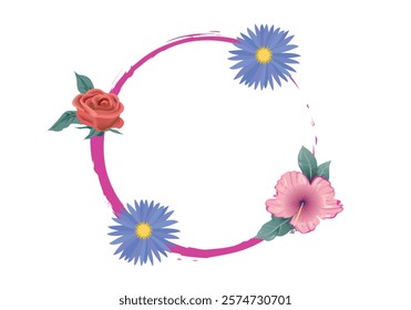 Pink brush stroke circular frame with flowers