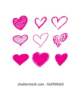 pink brush stroke hearts set. hand drawn. design element for valentines day