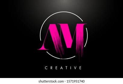 Pink AM Brush Stroke Letter Logo Design. Pink Paint Logo Leters Icon with Elegant Circle Vector Design.