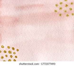 Pink brush stroke watercolor with glitter dots texture. Abstract hand painted background.