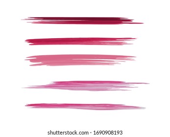 Pink brush strokes collection. Bright pink, violet shades lipstick traces. Grunge brush smears vector set. Verical hand paint bright lines.