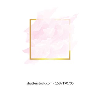 pink brush strokes and gold lines, gold frame square, art abstract background vector illustration, logo banner.