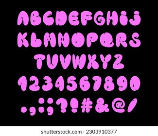 Pink bubble alphabet graffiti font. Y2K aesthetic stylized letters. Hand drawn typeface, numbers and punctuation marks. Vector illustration isolated on black background