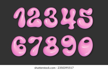 Pink Bubble Alphabet Graffiti Font with a Y2K aesthetic. Stylized hand-drawn numbers vector illustration isolated against a striking black background.