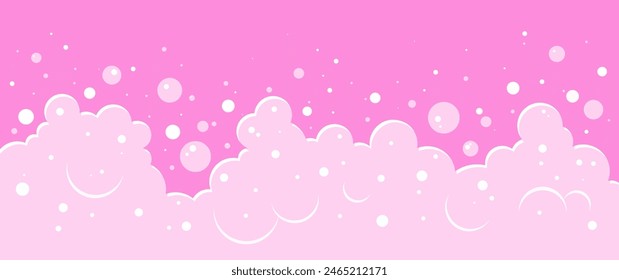 Pink bubble baby background, bath shampoo foam pattern, soap frame, cute fizz board, soft carbonated drink, cartoon gum bg. Washing vector illustration