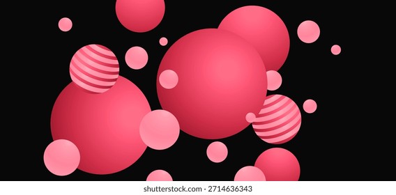 rosafarbener Blasenball auf schwarzem Hintergrund. Modernes Design für Party-Aktionen, Mode, Web-Header. Energetische, auffällige visuelle Vorlage. Rosa Blasenkugel mit Streifen.