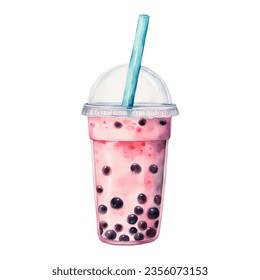 Pink Bubble Boba Milk Tea in Plastic Glass with Straw Isolated Hand Drawn Watercolor Painting Illustration