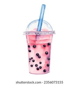 Pink Bubble Boba Milk Tea in Plastic Glass with Straw Isolated Hand Drawn Watercolor Painting Illustration