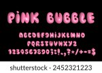 Pink bubble font. Inflated alphabet 3D ballon letters and numbers. Vector set. Vector illustration
