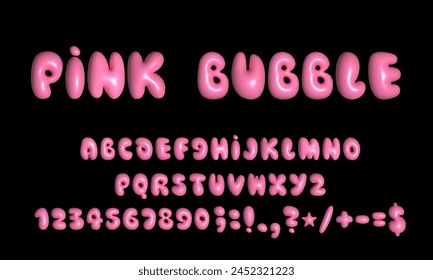 Pink bubble font. Inflated alphabet 3D ballon letters and numbers. Vector set. Vector illustration