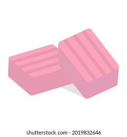 Pink bubble gum block piece vector illustration. Sweet chewing candy in flat style. 90s style snack isolated on white background