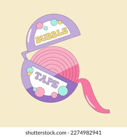 Goma rosa de burbuja en rollo. Clásica de los años 80 o 90, moderna ilustración vectorial de estilo retro. 