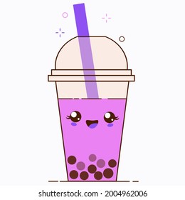 Pink bubble milk tea ads with delicious tapioca black pearls. Cute bubble tea kawaii smiled character. Taiwanese famous and popular drink Boba. Cartoon flat vector icon 