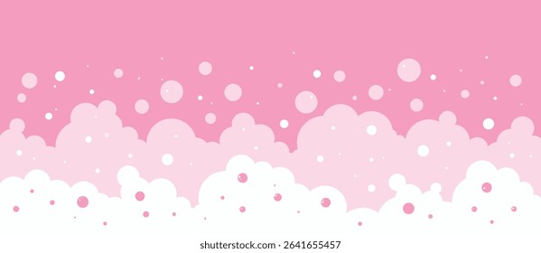 Pink bubble soap, bath foam background, strawberry gum pattern. White carbonated frame. Bubblegum pink bg. Cartoon shampoo texture, color mousse border, bathroom suds. Abstract vector illustration
