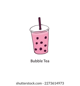 Pink bubble tea cup, hand drawn 
illustration