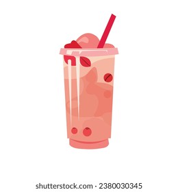 Pink bubble tea drink vector illustration, red boba milk tea image in flat design style 