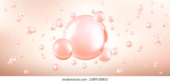 Pink bubbles, liquid collagen or serum. Skin care cosmetic product texture or clear essence. Concept skin care cosmetics solution. Vector realistic illustration