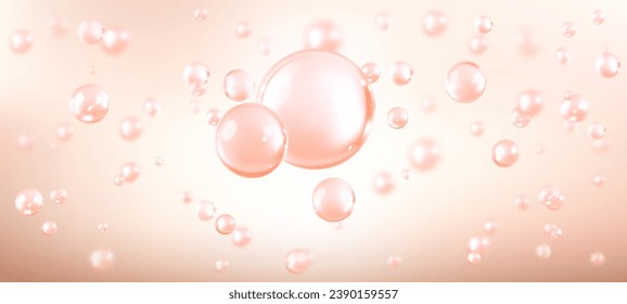 Pink bubbles, liquid collagen or serum. Skin care cosmetic product texture or clear essence. Concept skin care cosmetics solution. Vector realistic illustration