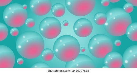 A pink bubbles on a turquoise background. Abstract bubble neon background. 3d texture of liquid with blobs in y2k style. Seamless pattern. Vector illustration.