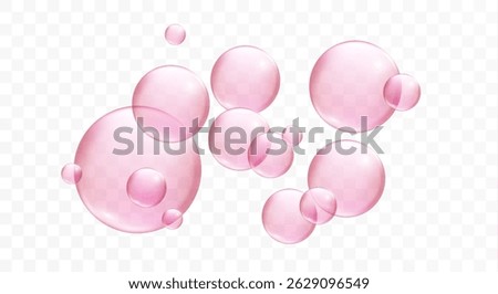Pink bubbles on white background. Collagen and glycerin droplets, fizzy sparkles, and bubble gum effect. Transparent pink spheres isolated for cosmetic and beverage
