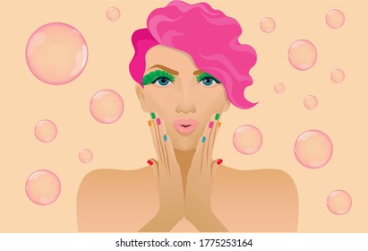 Pink bubbles, soap bubbles, colors, bubbles fly away. The girl with the pink hair. Bright makeup, bright nail Polish.