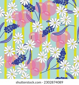 Pink bubbles, white daisies, yellow stripes and navy blue flowers on a teal background.