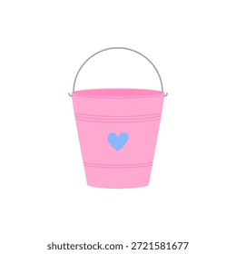Balde rosa com coração azul, ilustração vetorial. Elemento de primavera bonito mínimo para jardinagem, atividades infantis, ou projetos temáticos de verão.