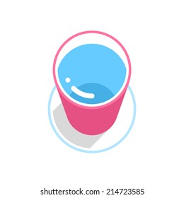 Pink bucket with clean water with gray long shadow on circle icon with blue stroke on white background in 3d flat style. This is  graphic design element save in vector illustration 8 eps