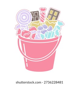 A pink bucket filled with assorted candies and chocolates