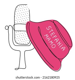 Pink bucket hat, award music microphone and lettering Stefania MAMO. Global politics, NO WAR, aggression problem picture in one line art style