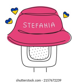 Pink bucket hat on award music microphone and lettering Stefania. Global politics, NO WAR, aggression problem picture in one line art style